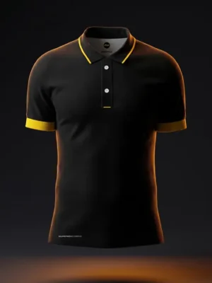 Playera polo negra Kilómetros Recorridos con detalles amarillos